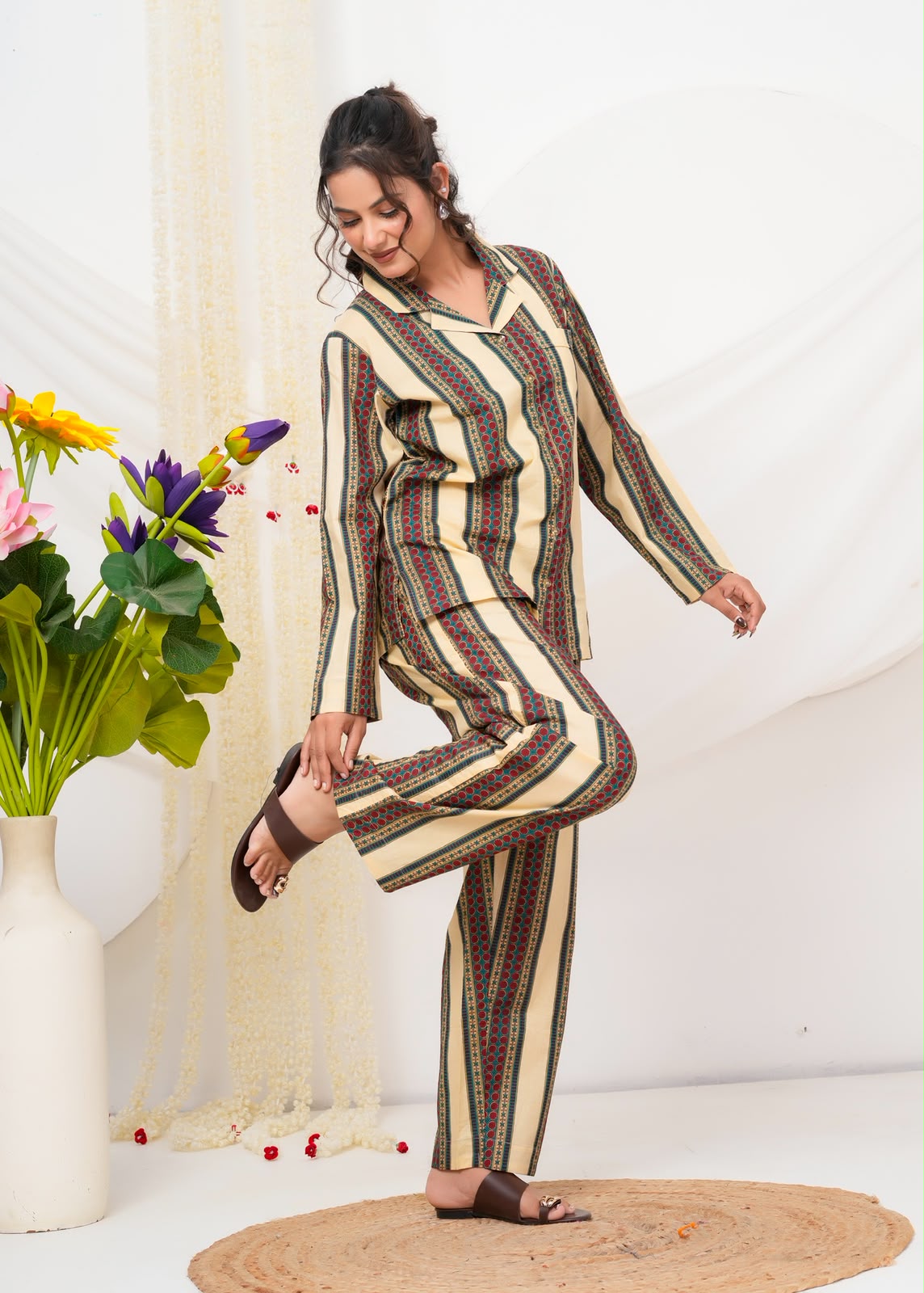 Cotton Printed Collar Night Suit