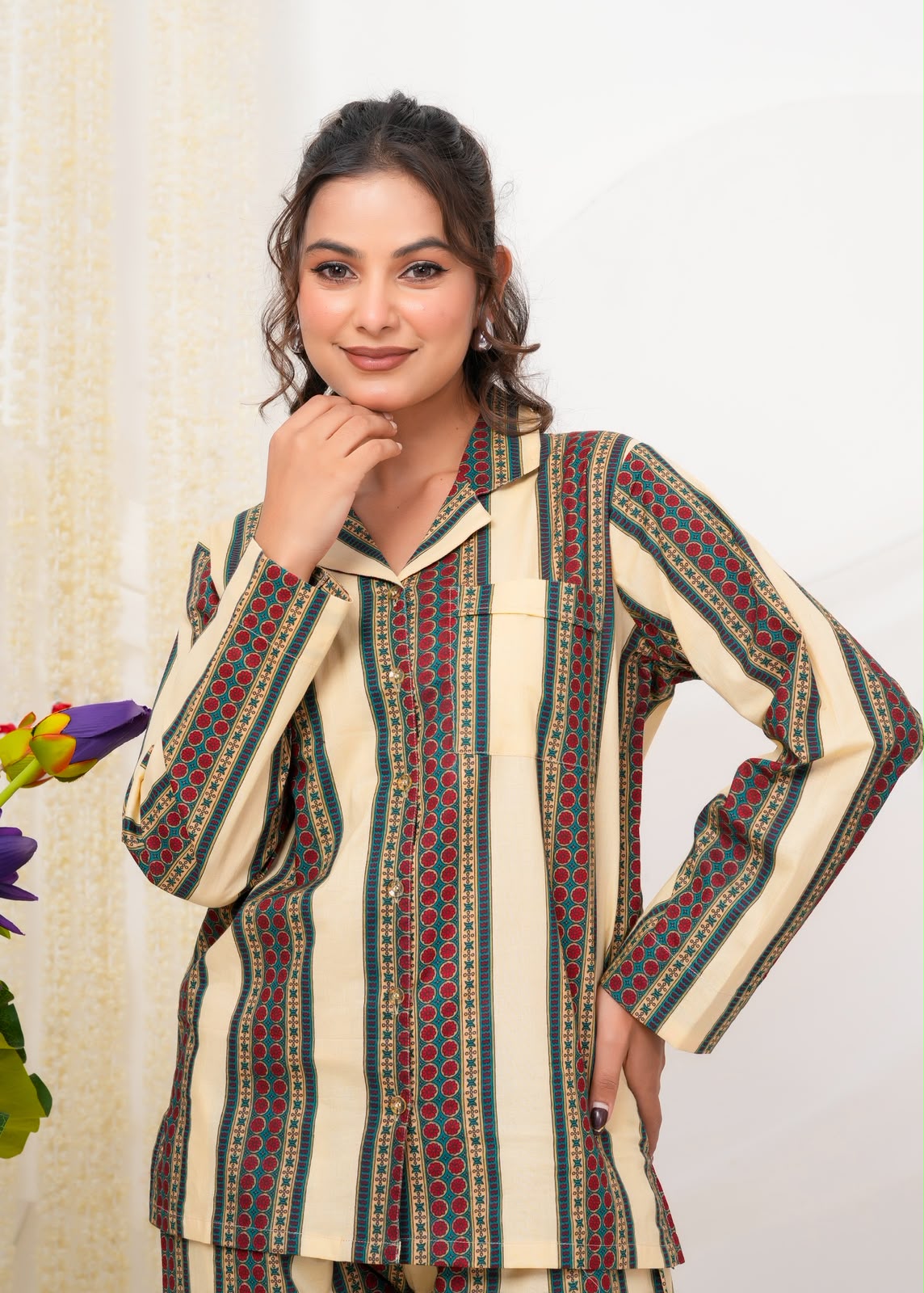Cotton Printed Collar Night Suit