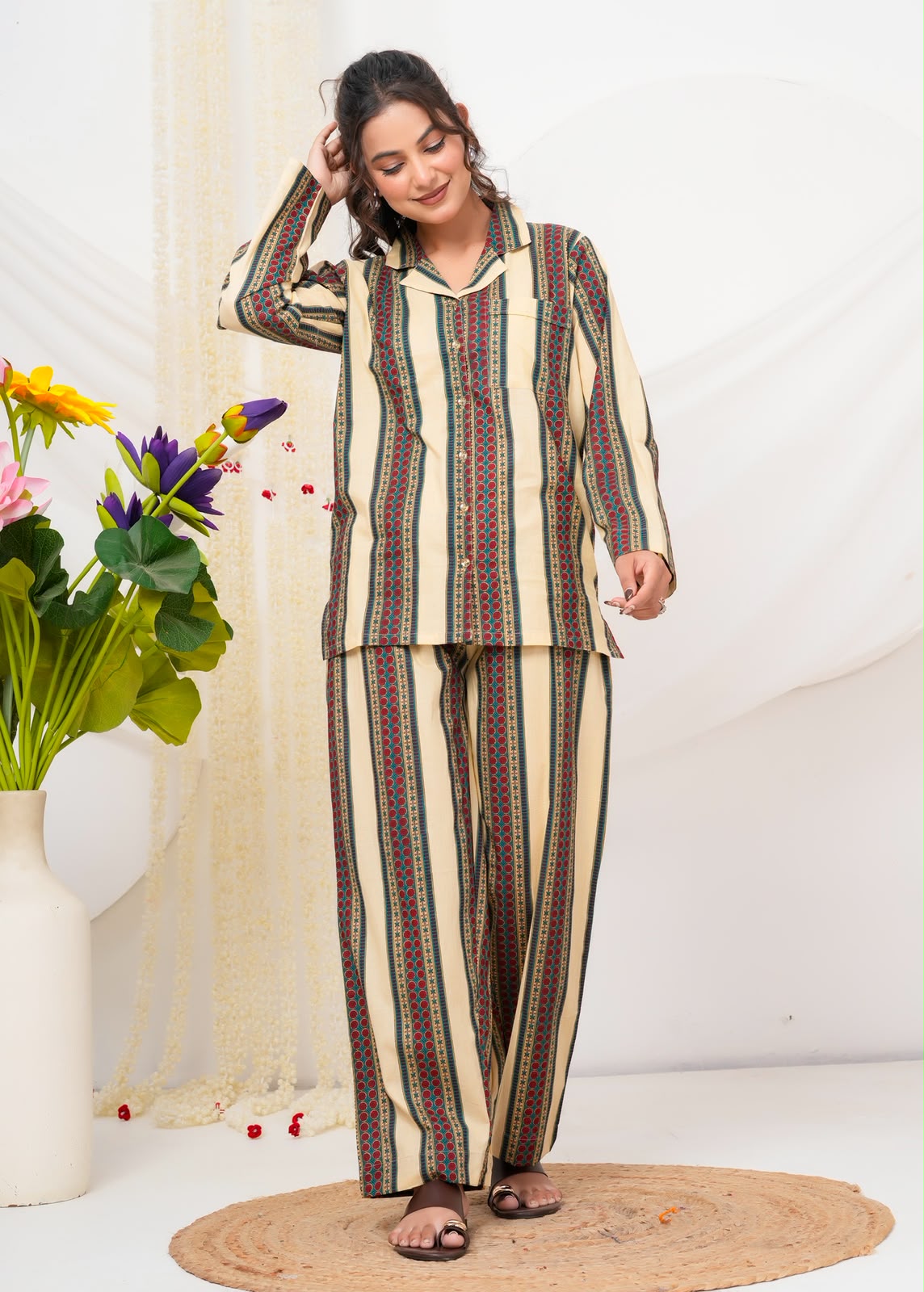 Cotton Printed Collar Night Suit