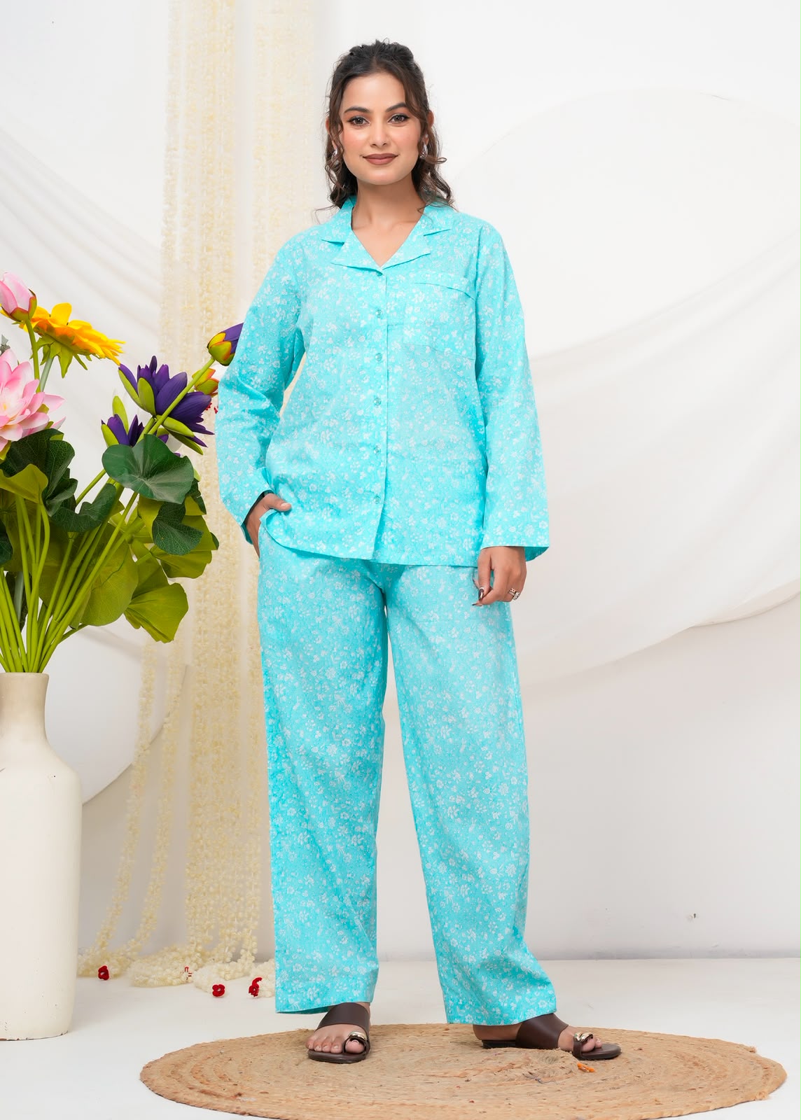 Cotton Printed Collar Night Suit