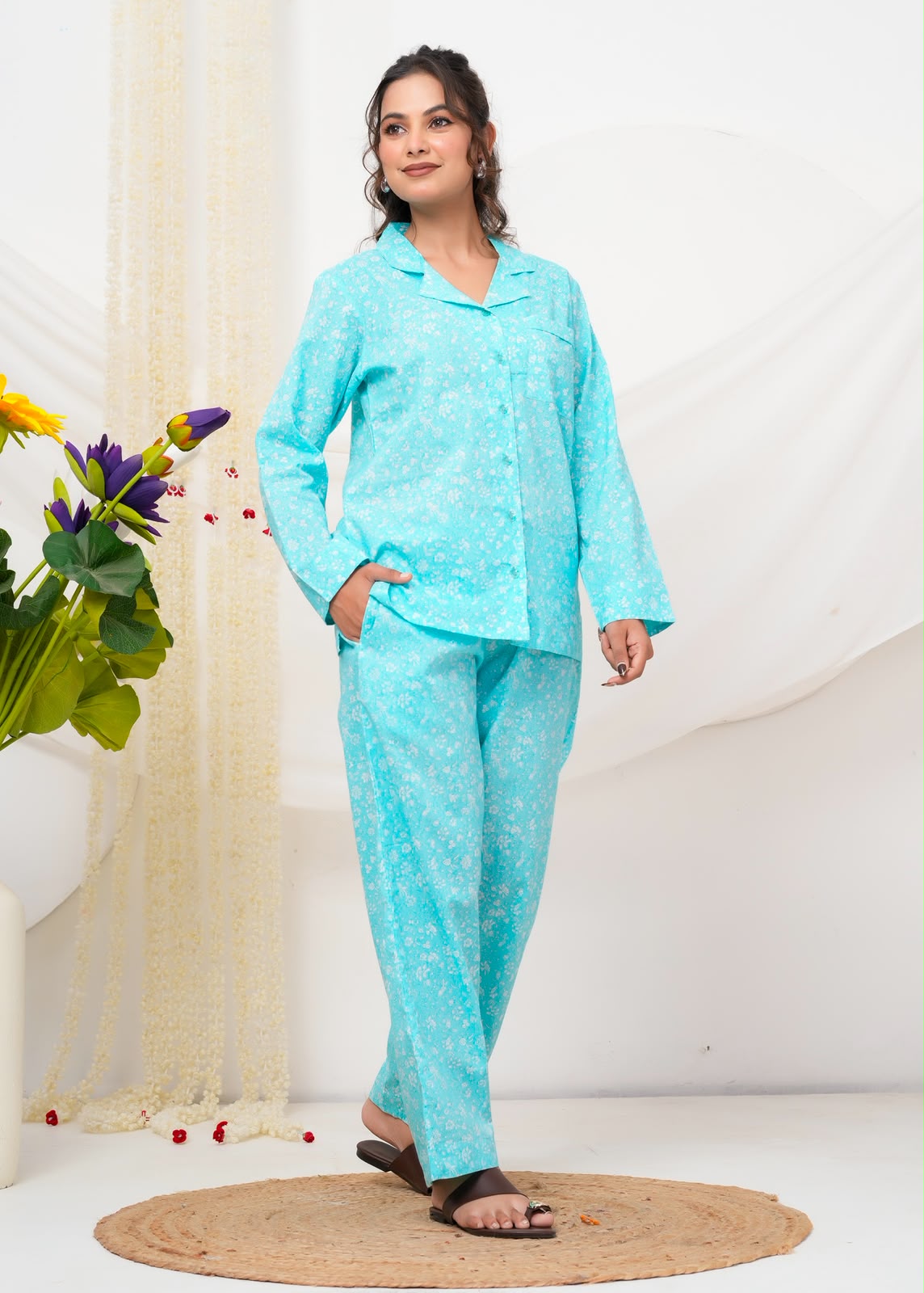 Cotton Printed Collar Night Suit