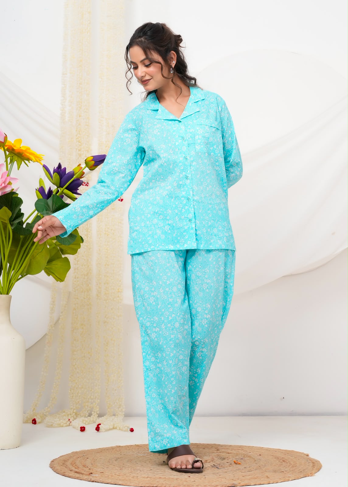 Cotton Printed Collar Night Suit