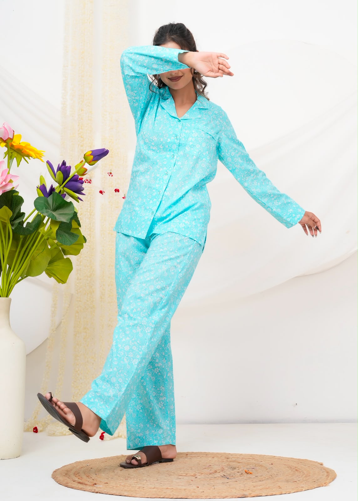 Cotton Printed Collar Night Suit