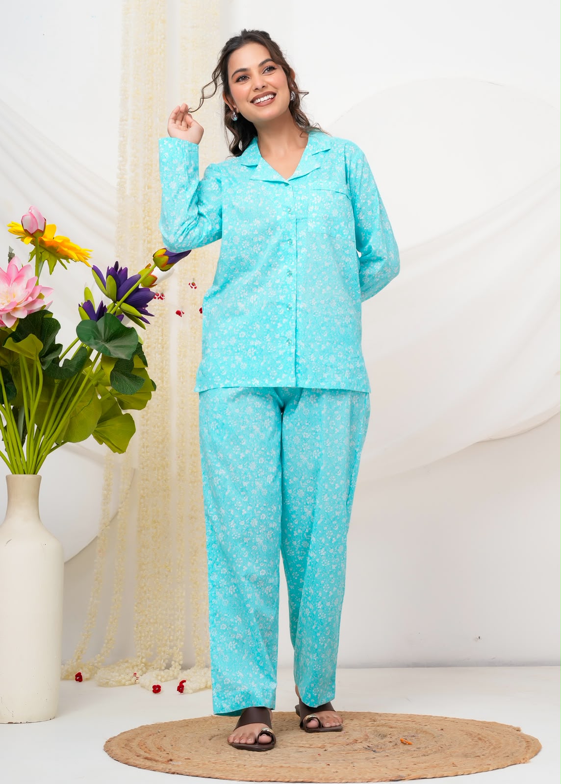 Cotton Printed Collar Night Suit