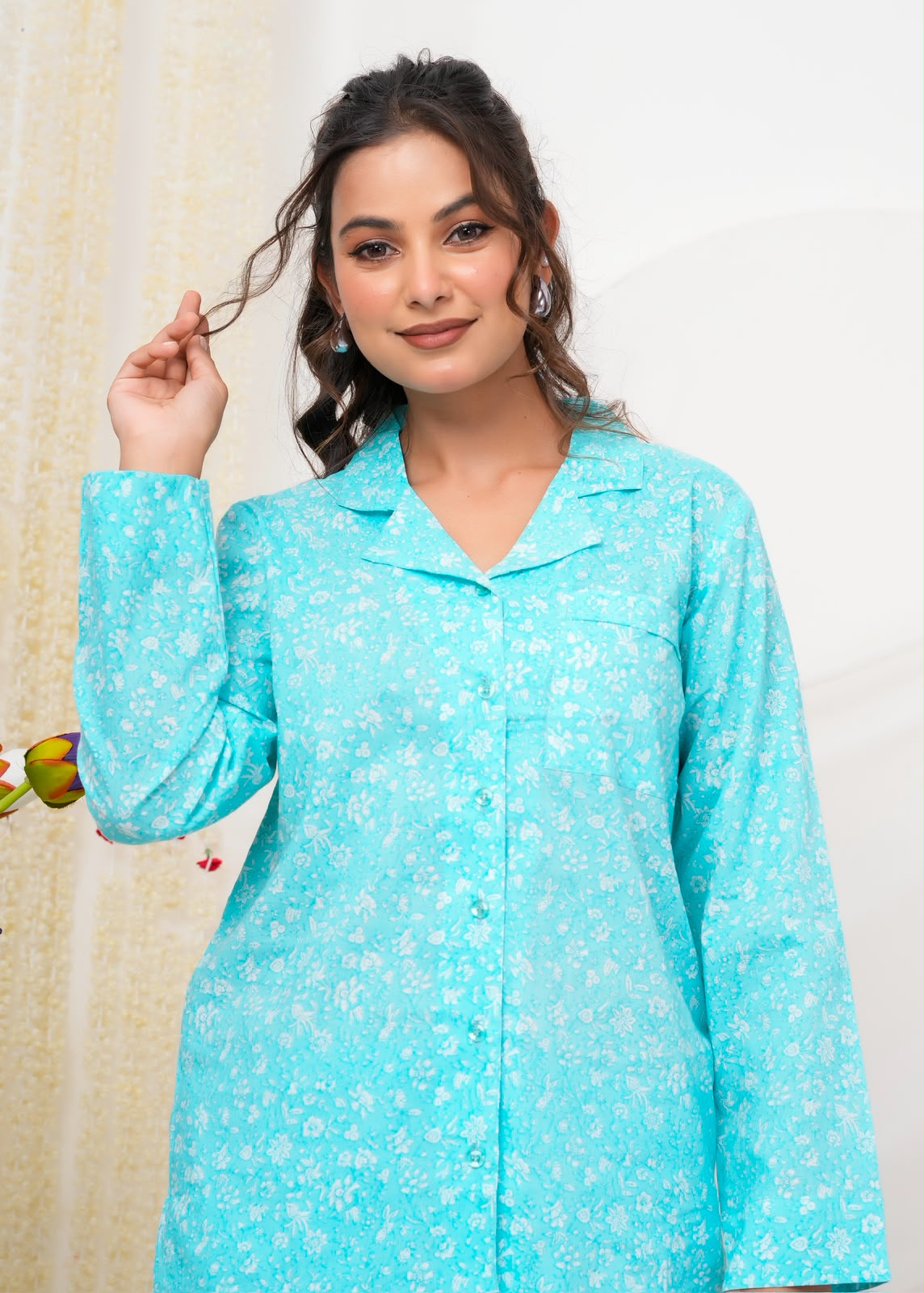 Cotton Printed Collar Night Suit
