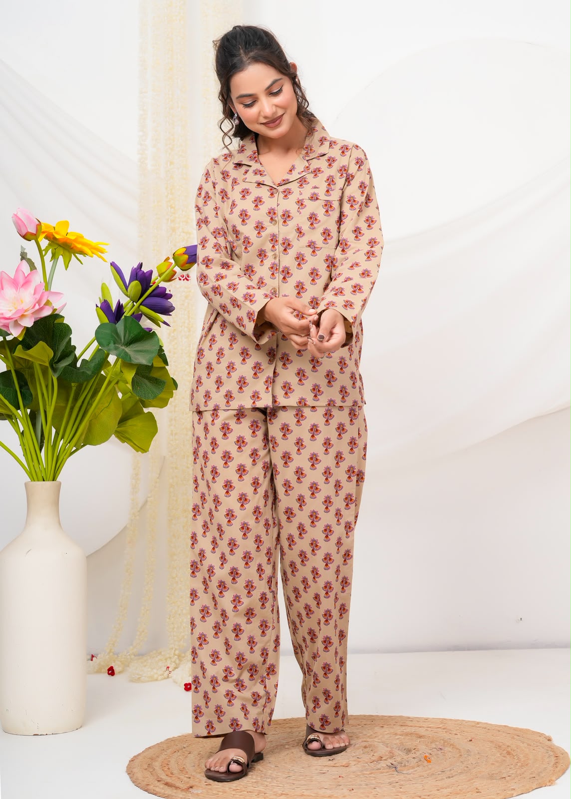 Cotton Printed Collar Night Suit