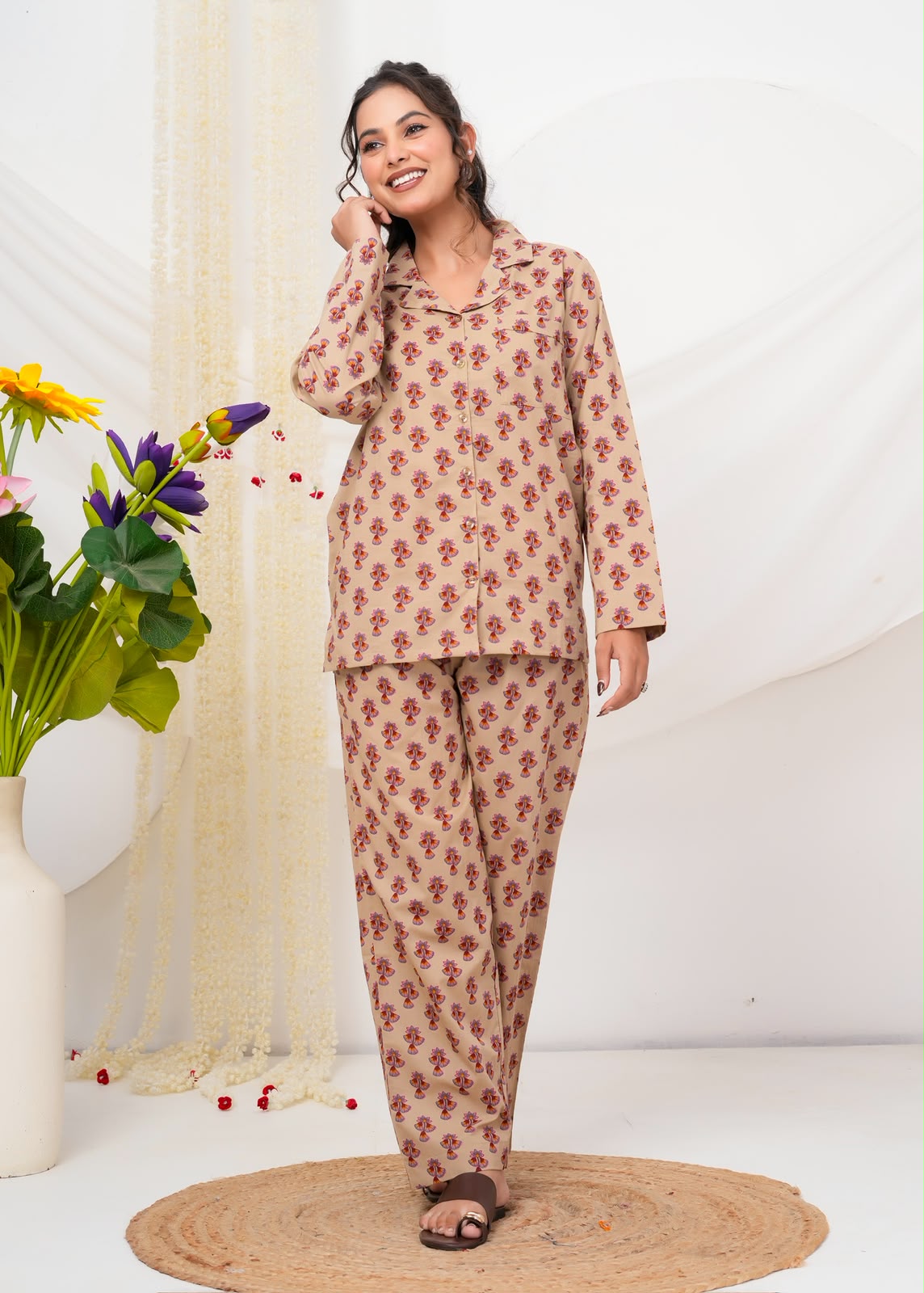 Cotton Printed Collar Night Suit