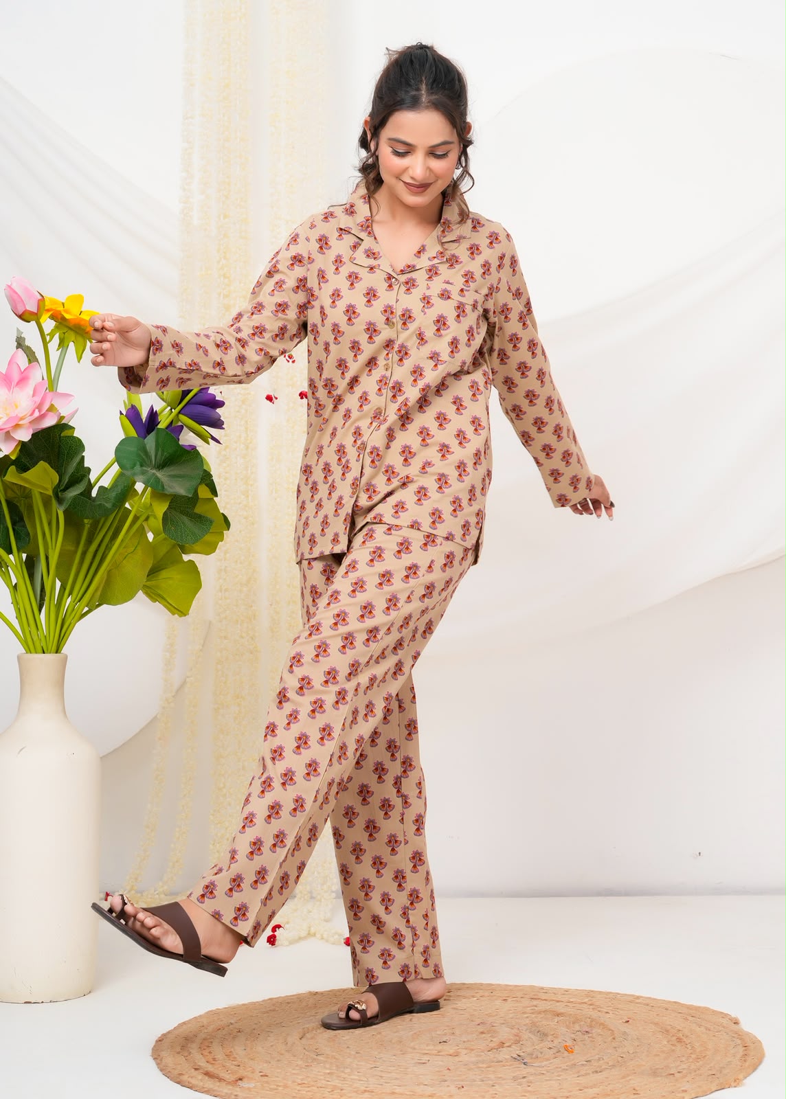 Cotton Printed Collar Night Suit