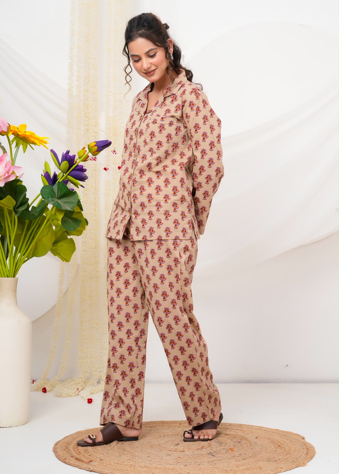 Cotton Printed Collar Night Suit