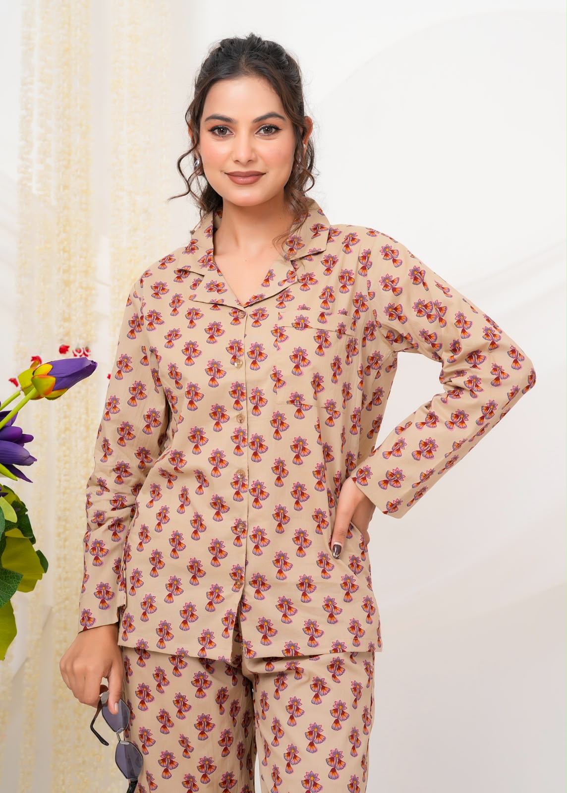 Cotton Printed Collar Night Suit