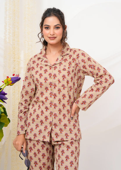 Cotton Printed Collar Night Suit