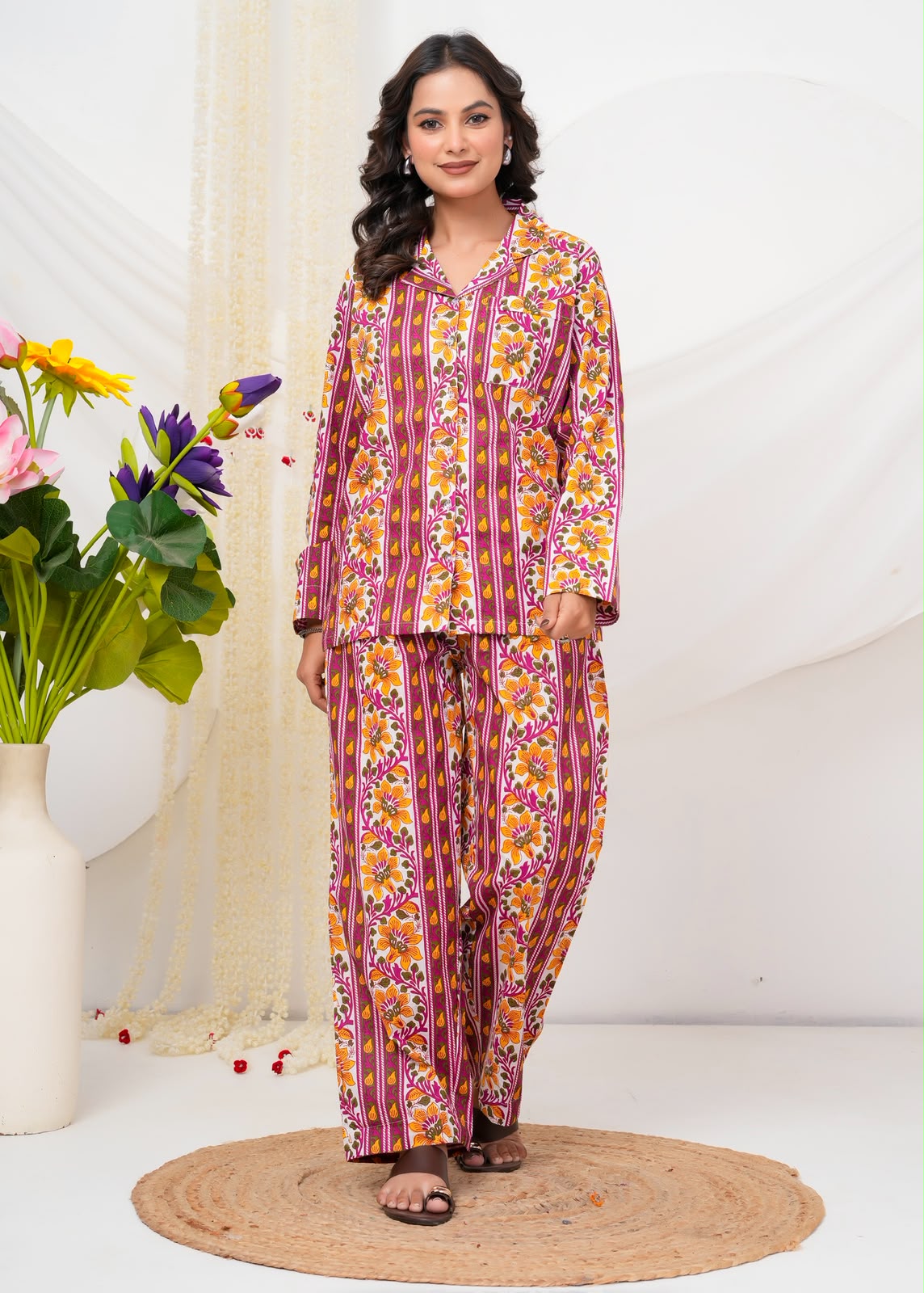 Cotton Printed Collar Night Suit