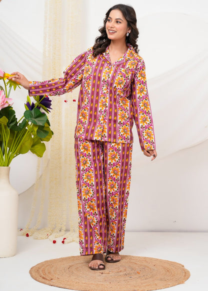 Cotton Printed Collar Night Suit
