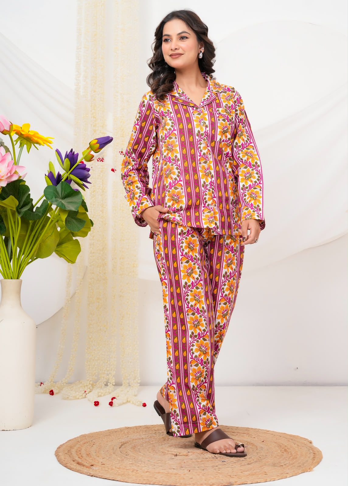 Cotton Printed Collar Night Suit