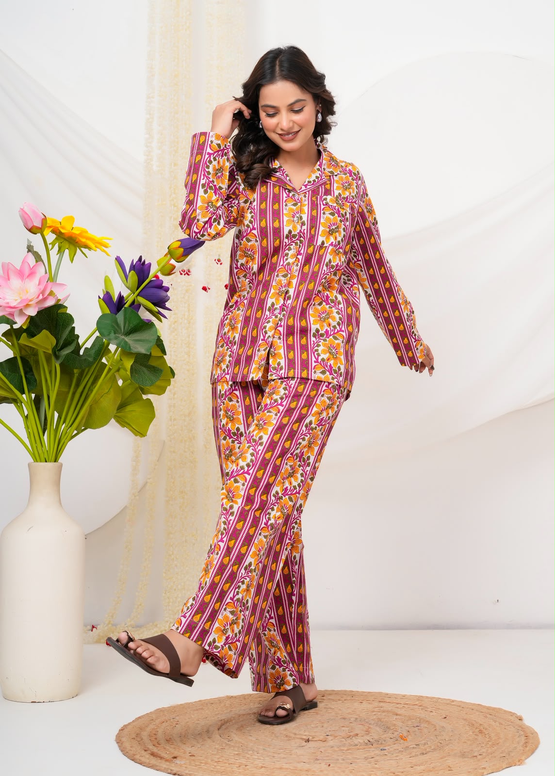 Cotton Printed Collar Night Suit