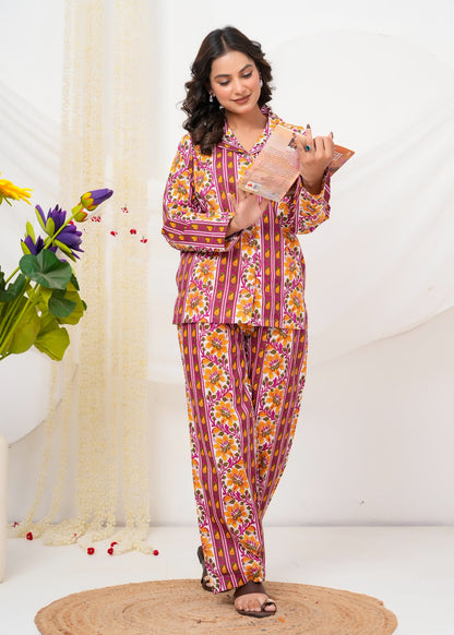 Cotton Printed Collar Night Suit