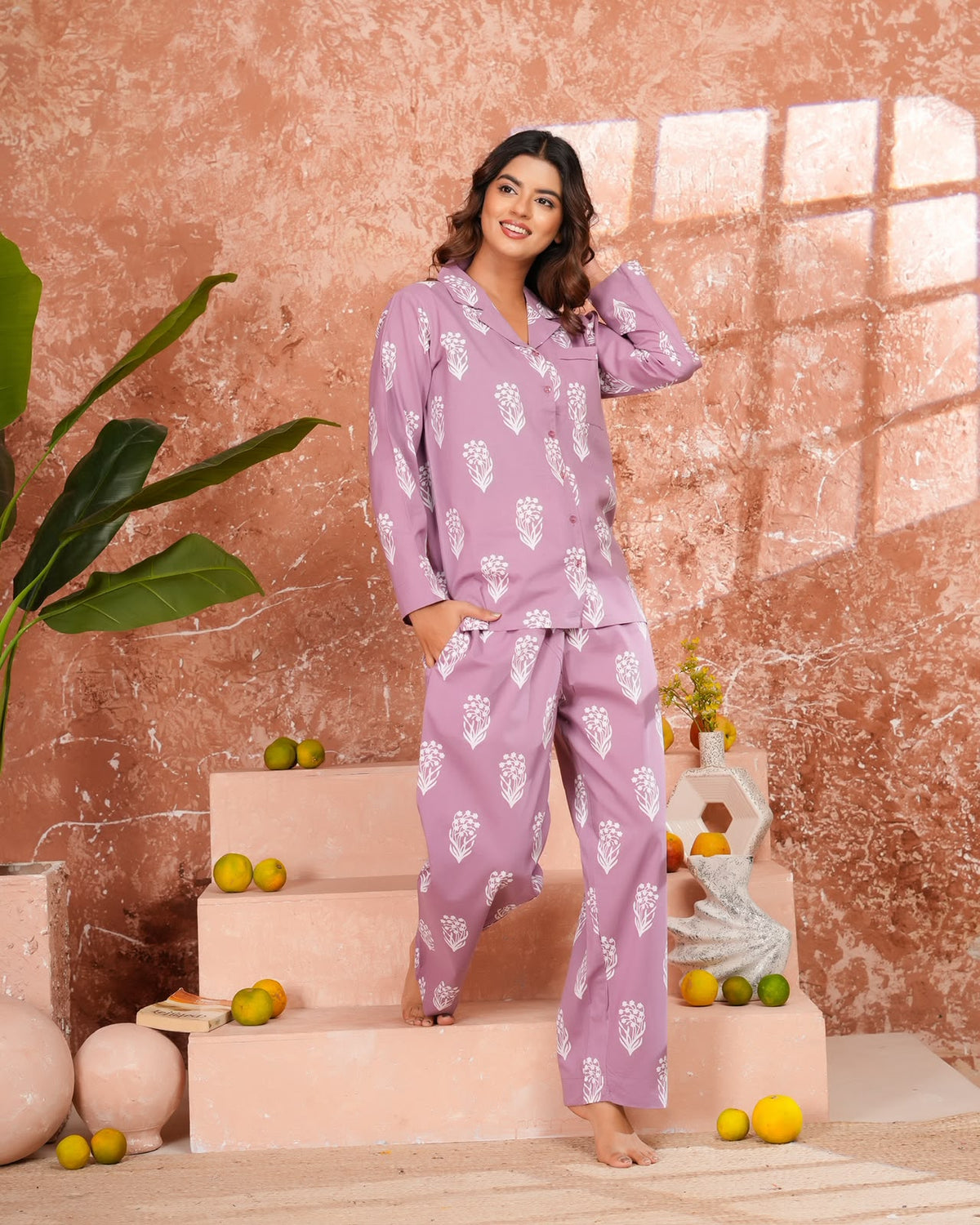 Cotton Printed Collar Night Suit