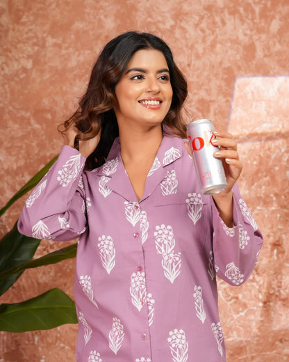Cotton Printed Collar Night Suit