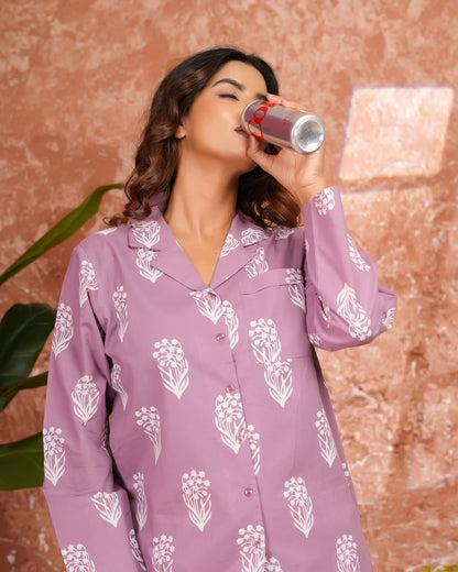 Cotton Printed Collar Night Suit