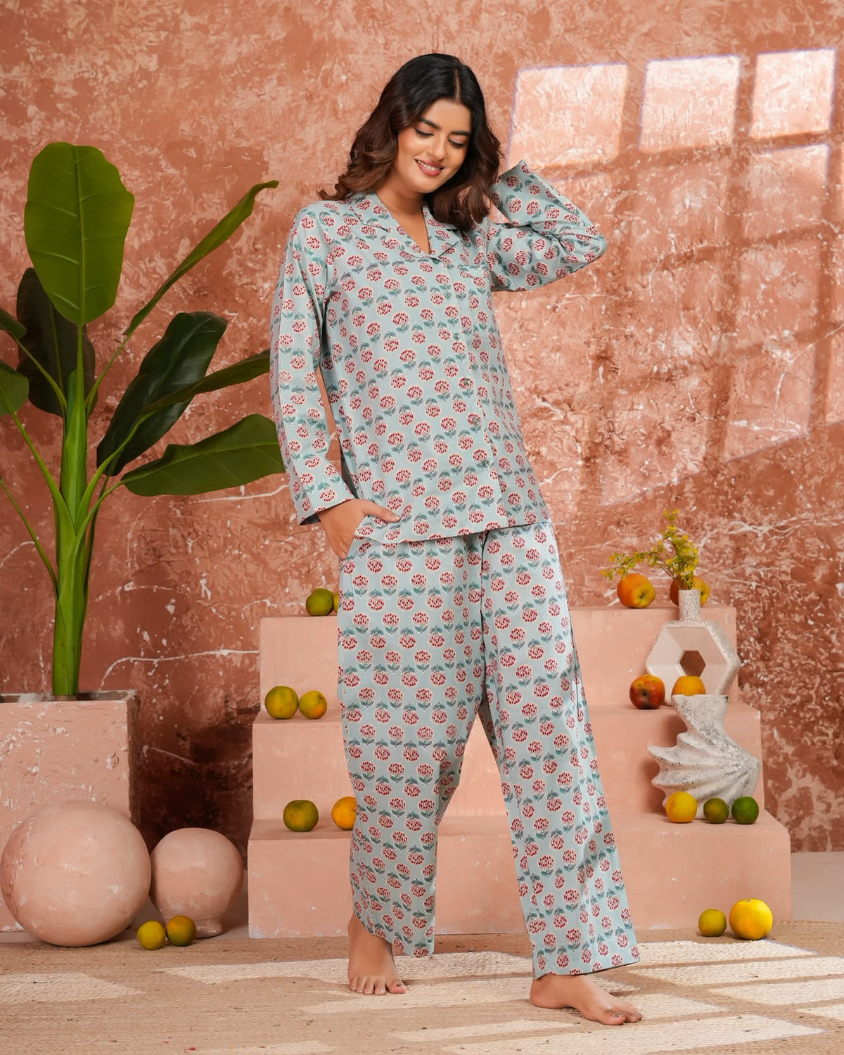 Cotton Printed Collar Night Suit