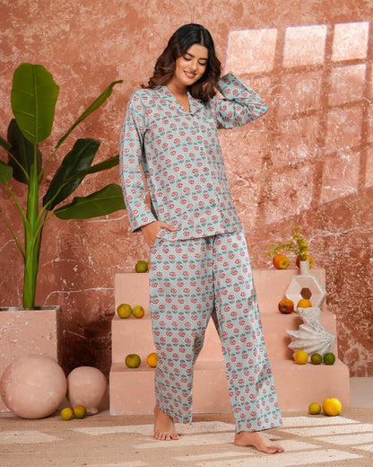 Cotton Printed Collar Night Suit