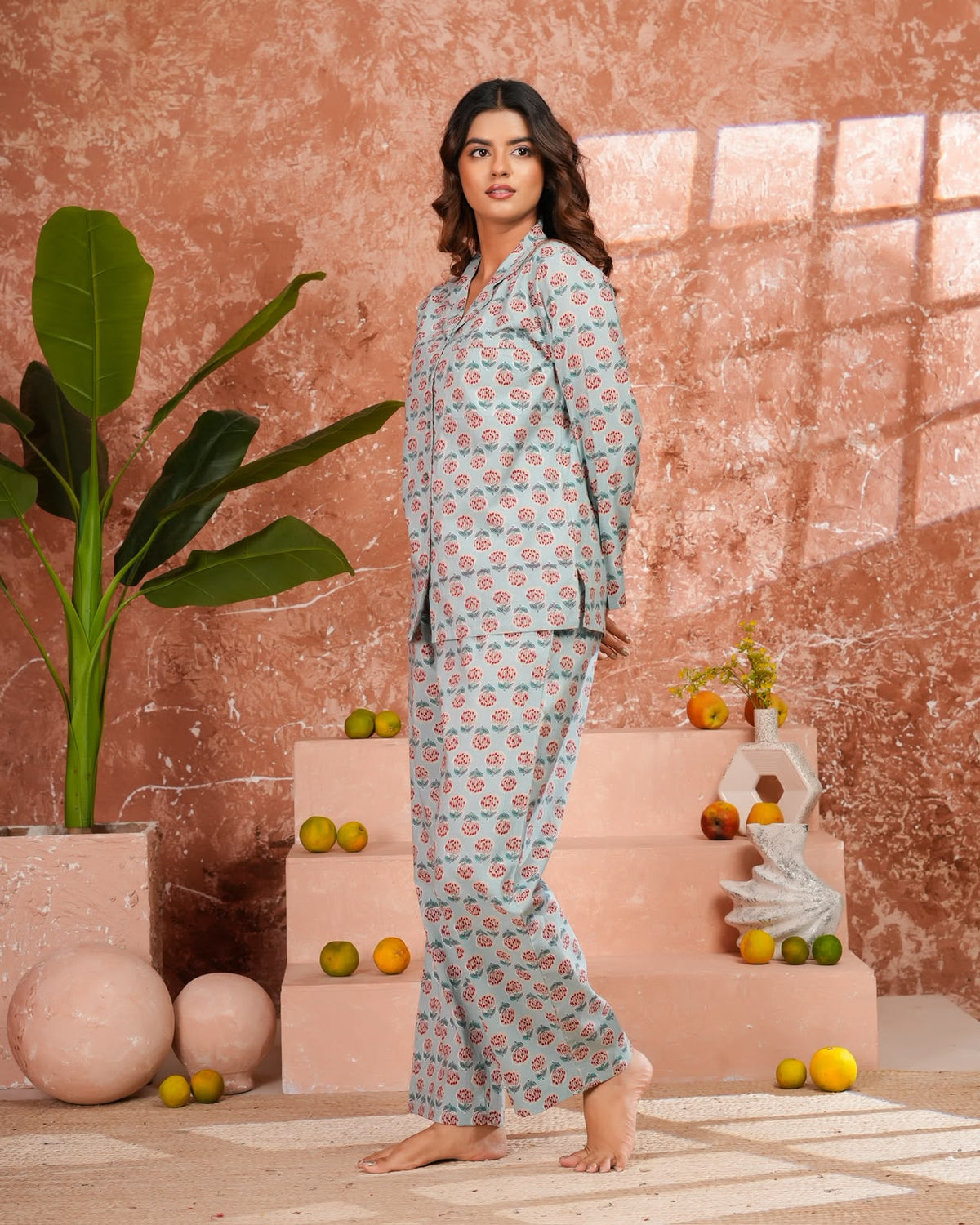 Cotton Printed Collar Night Suit
