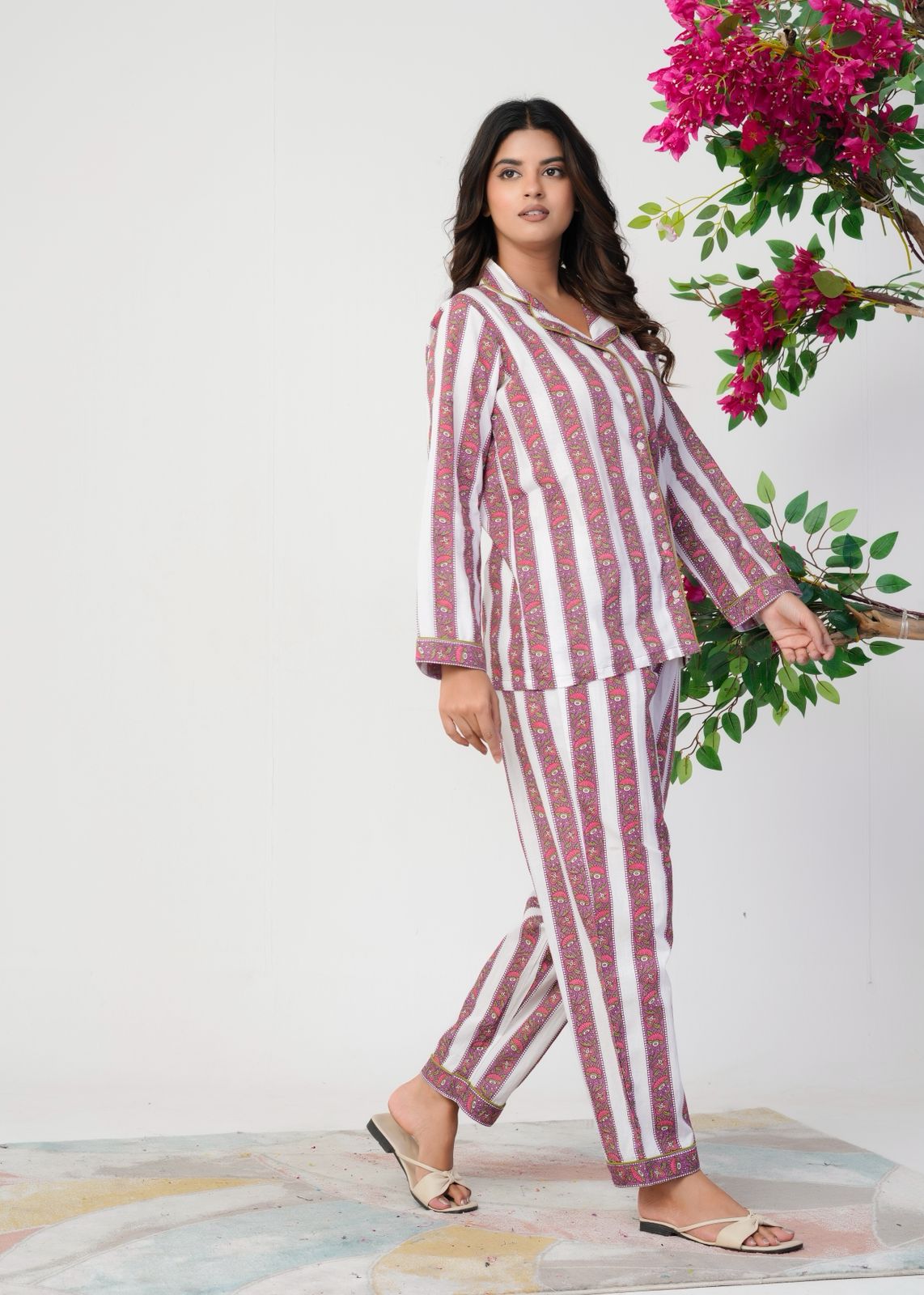 Mauve Petal Stripes Night Wear Set