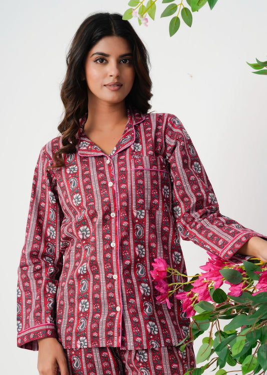 Cranberry Red Meadows Stripes Night Wear Set