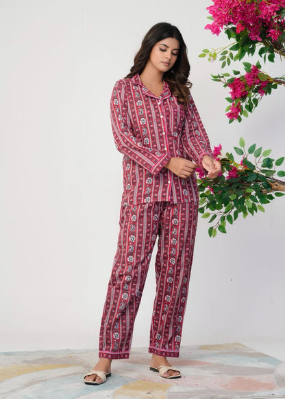 Cranberry Red Meadows Stripes Night Wear Set