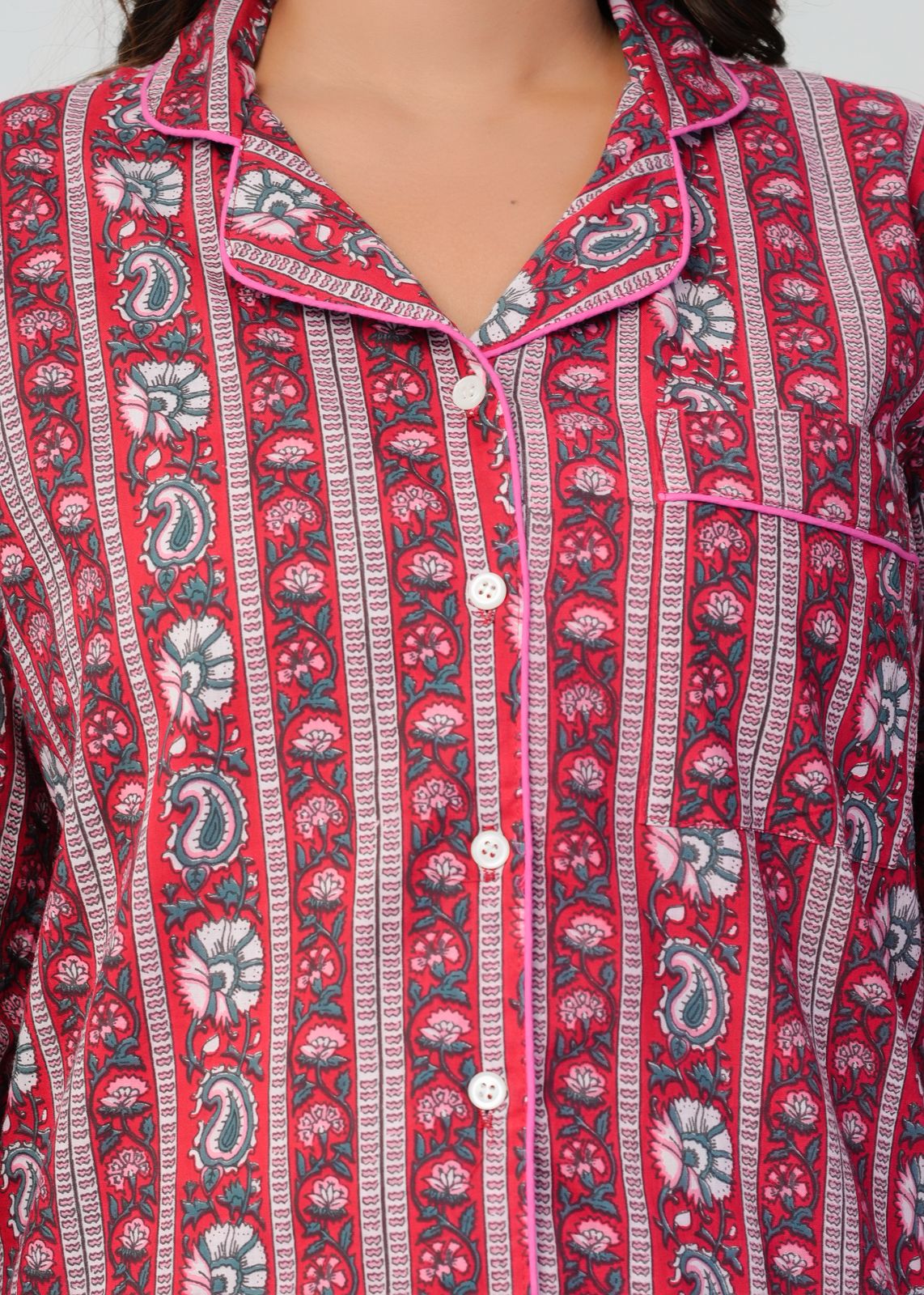 Cranberry Red Meadows Stripes Night Wear Set