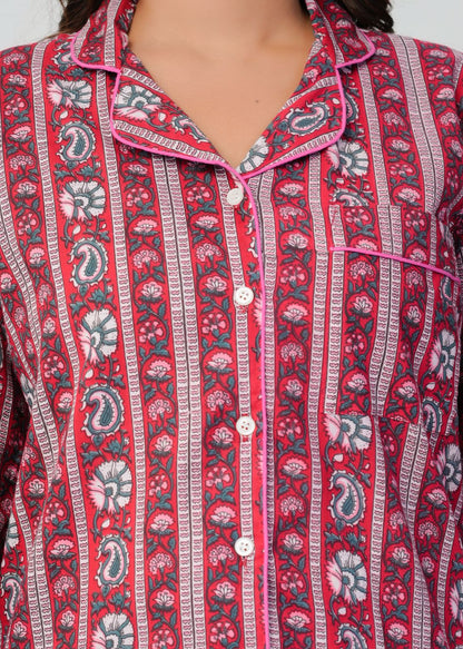 Cranberry Red Meadows Stripes Night Wear Set