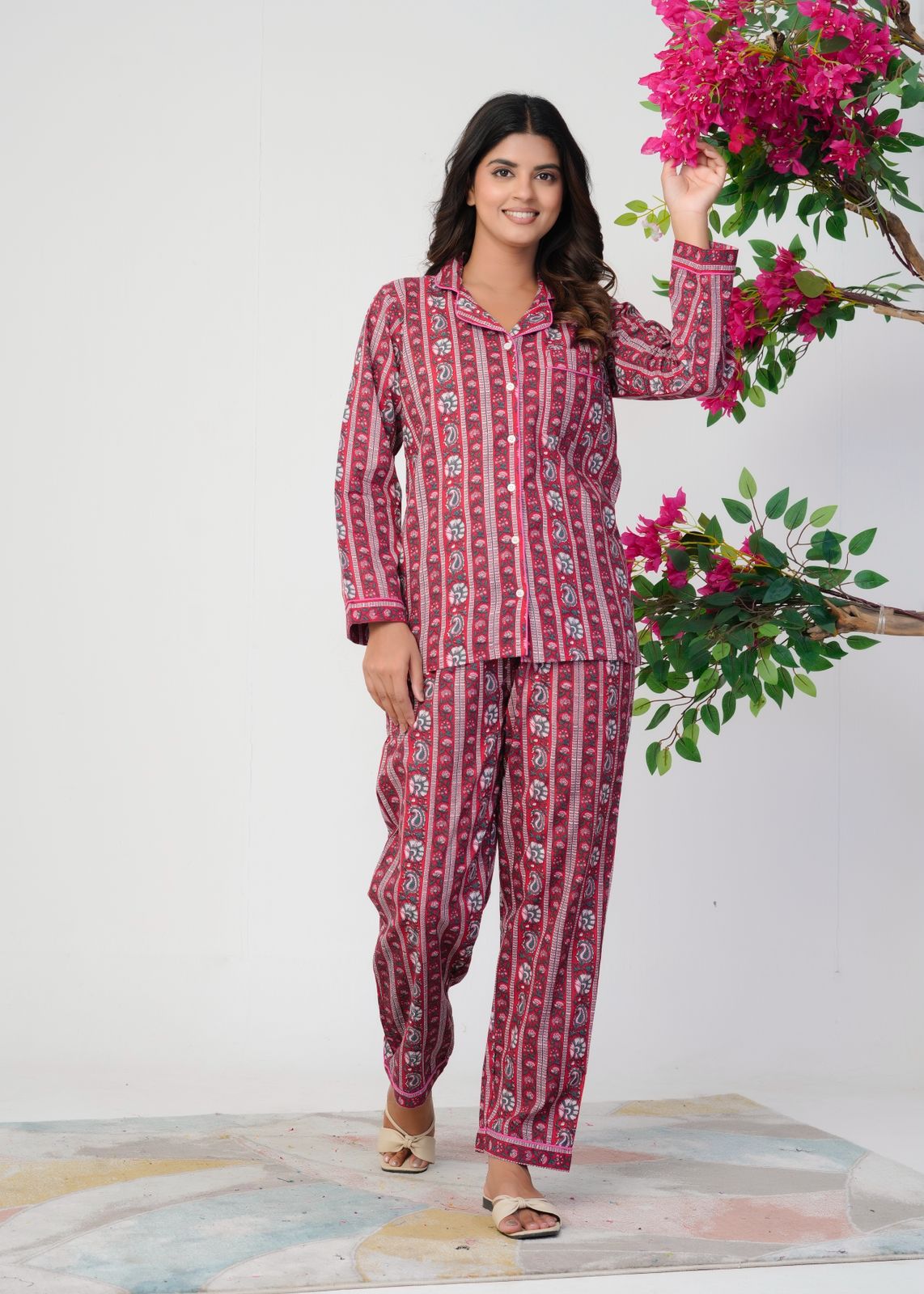 Cranberry Red Meadows Stripes Night Wear Set