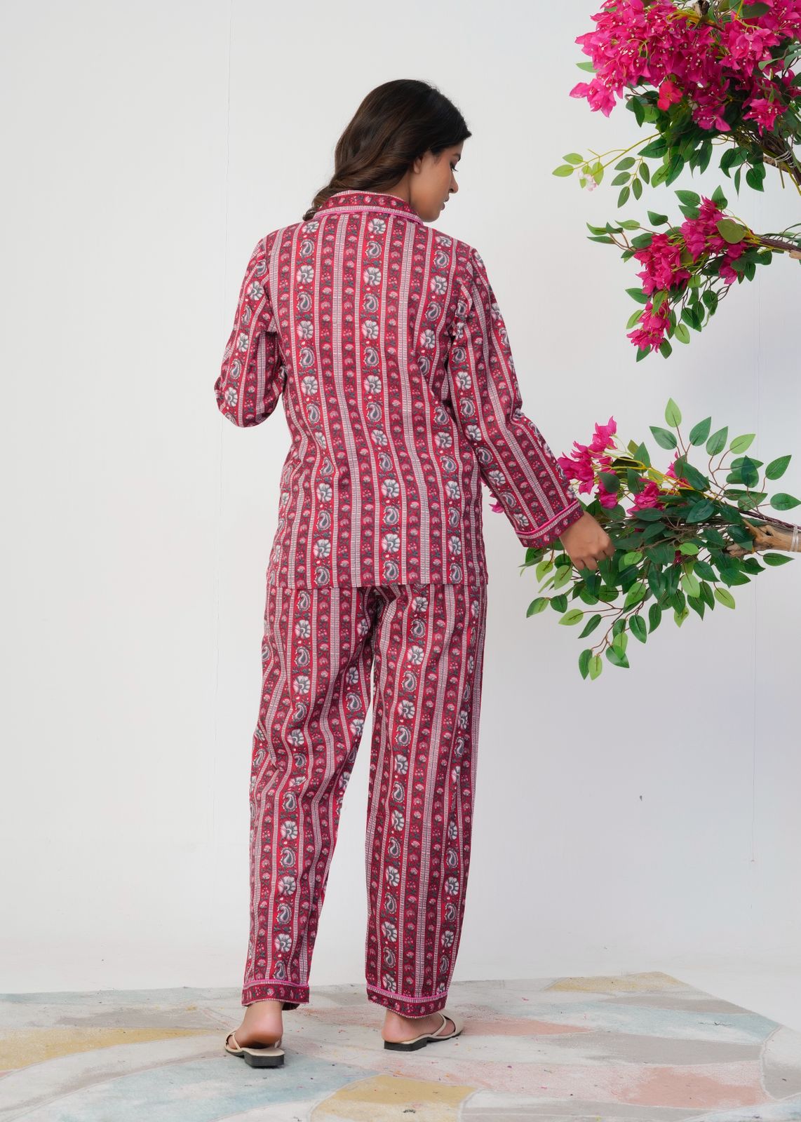 Cranberry Red Meadows Stripes Night Wear Set