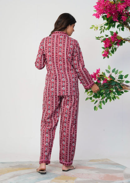Cranberry Red Meadows Stripes Night Wear Set