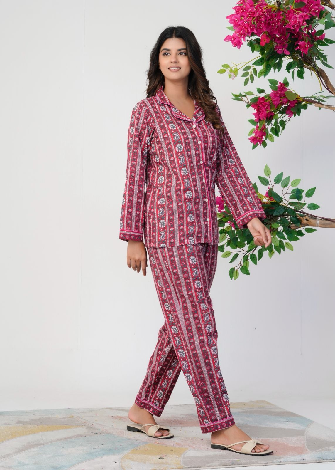 Cranberry Red Meadows Stripes Night Wear Set