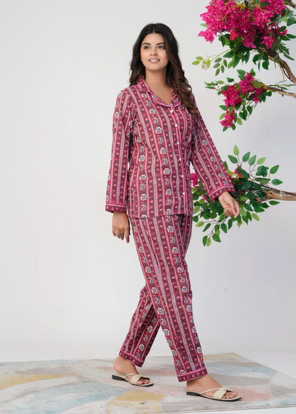 Cranberry Red Meadows Stripes Night Wear Set