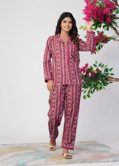 Cranberry Red Meadows Stripes Night Wear Set