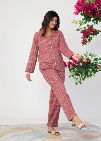 Dark Pink Leafline Night Wear Set