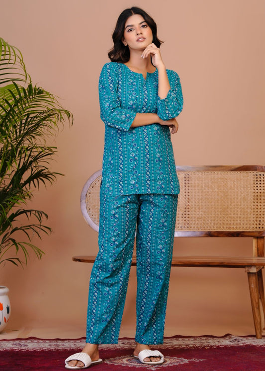 Dark Teal Stripes Night Wear Set