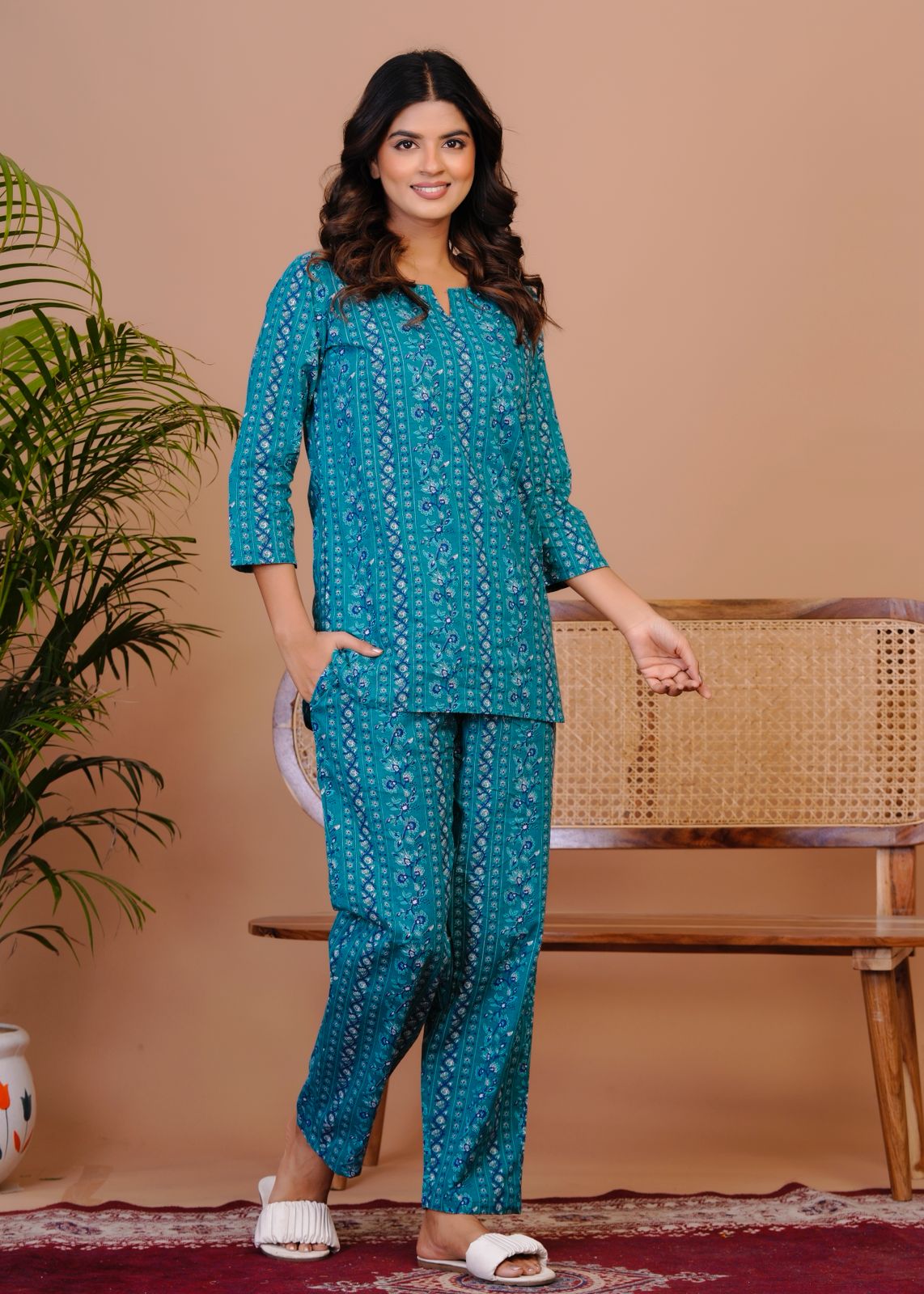 Dark Teal Stripes Night Wear Set