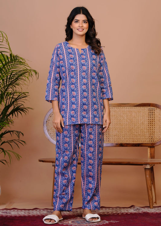 Blue Peach Petal Stripes Night Wear Set
