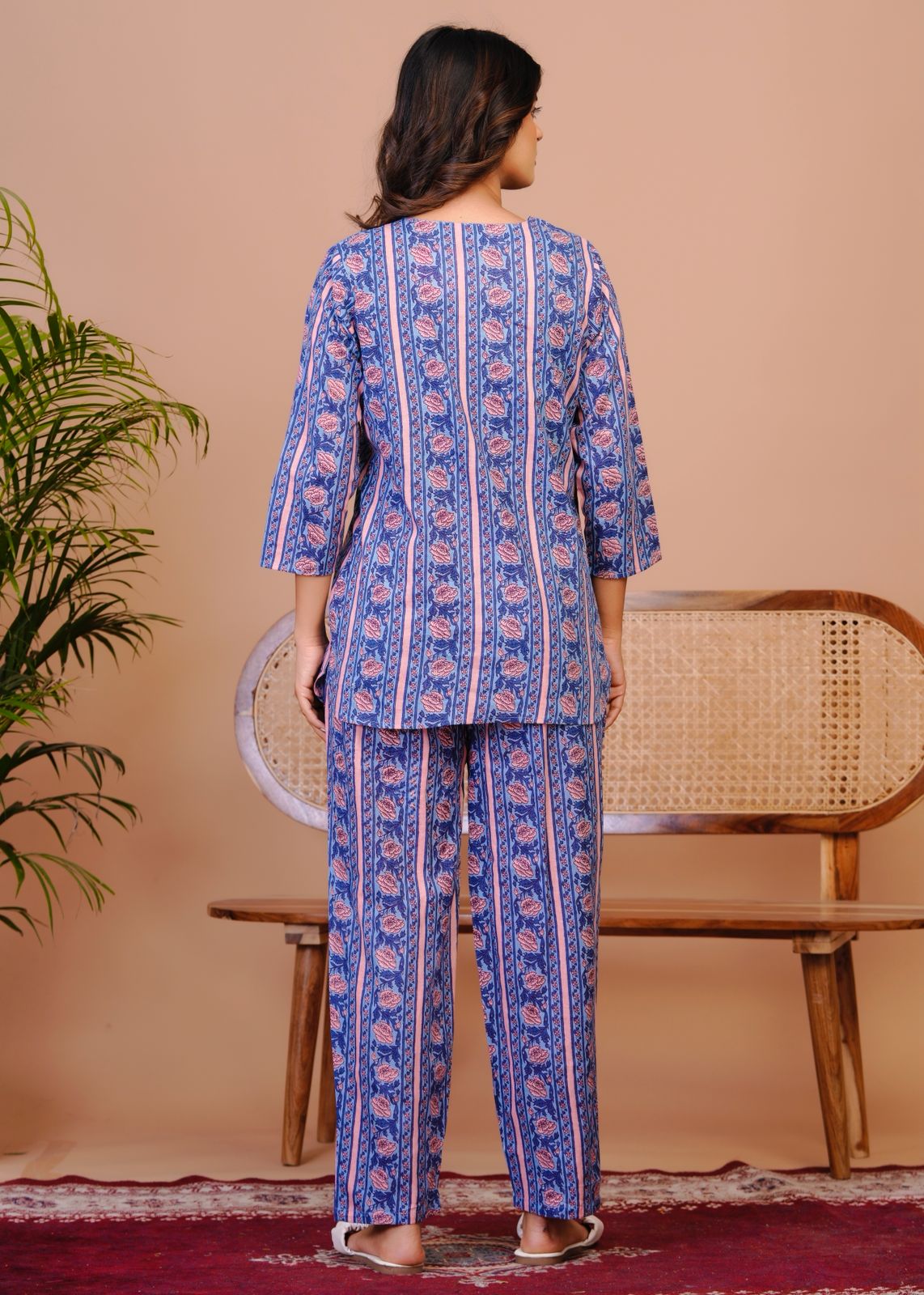 Blue Peach Petal Stripes Night Wear Set
