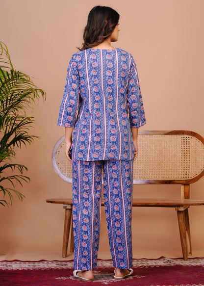 Blue Peach Petal Stripes Night Wear Set