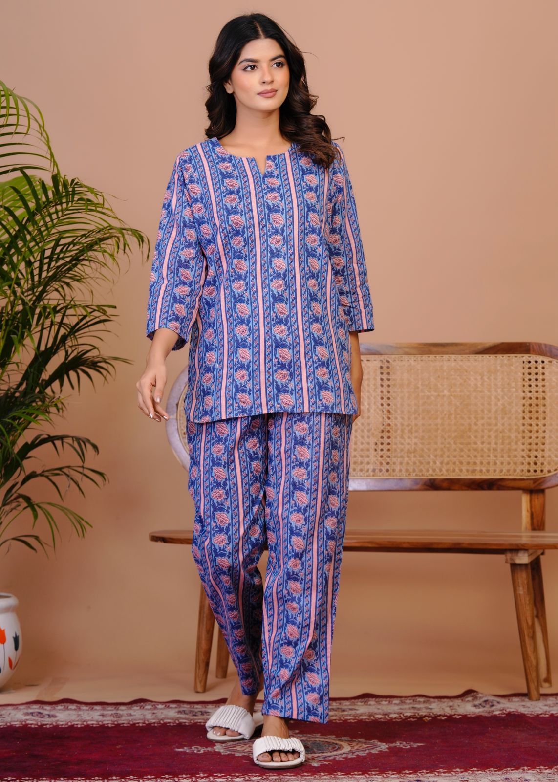 Blue Peach Petal Stripes Night Wear Set