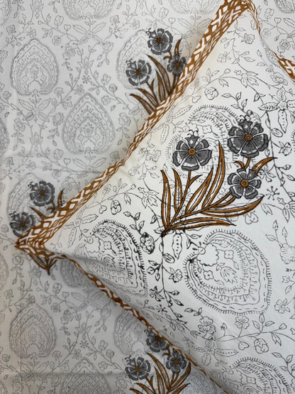 Percale Cotton Grey Mustard Boota Double Bedsheet