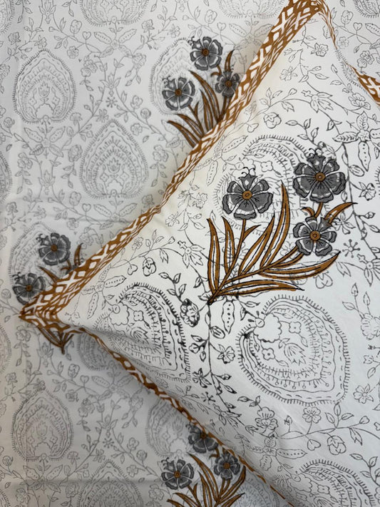 Percale Cotton Grey Mustard Boota Double Bedsheet