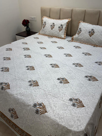 Percale Cotton Grey Mustard Boota Double Bedsheet