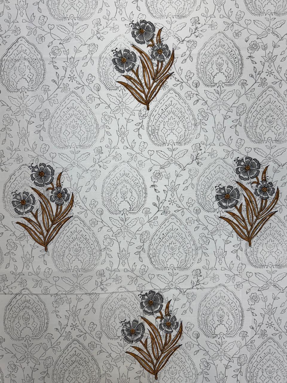 Percale Cotton Grey Mustard Boota Double Bedsheet