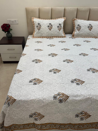 Percale Cotton Grey Mustard Boota Double Bedsheet