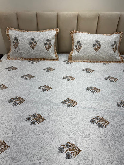 Percale Cotton Grey Mustard Boota Double Bedsheet